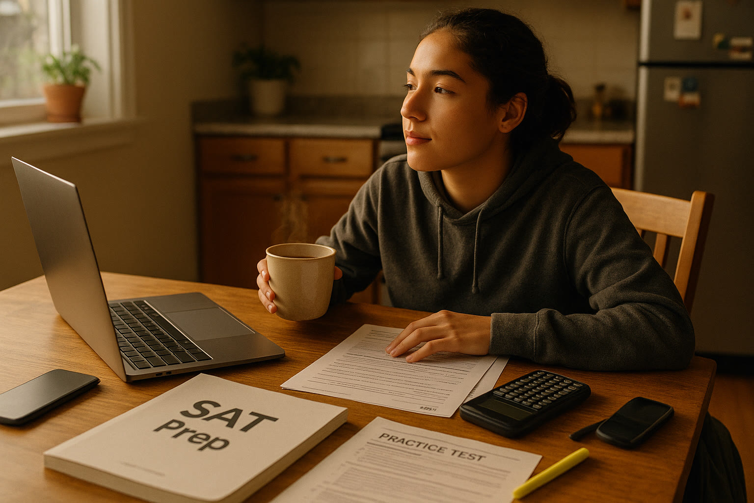Photo Idea : A relaxed student sitting at a kitchen table with a laptop, a cup of tea, and SAT materials spread out — showing a moment of calm planning after the test.