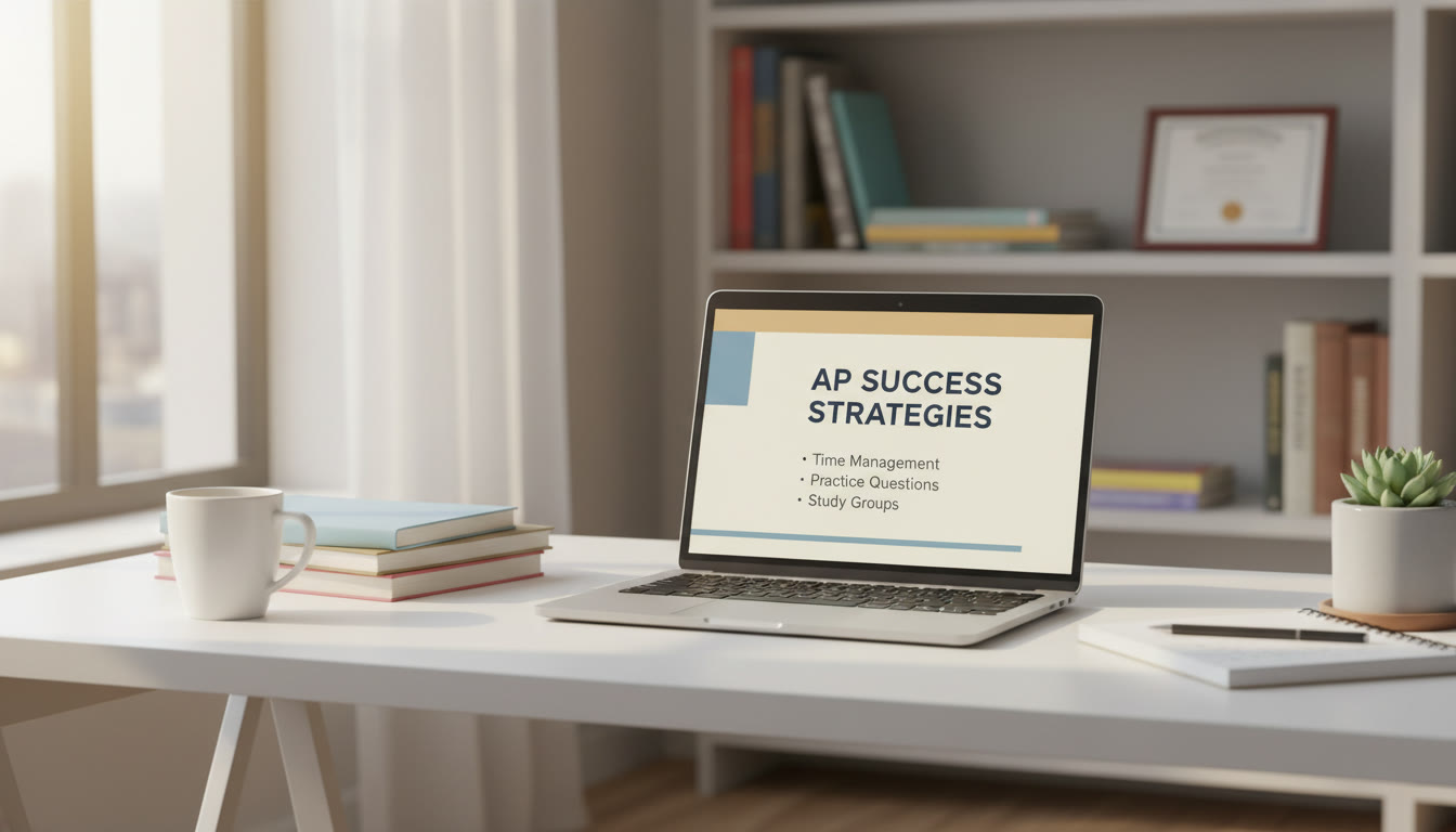 Photo Idea : A clean, modern workspace with an open laptop showing a minimalist slide — large headline, few bullets, and ample whitespace. Natural lighting, warm tone.